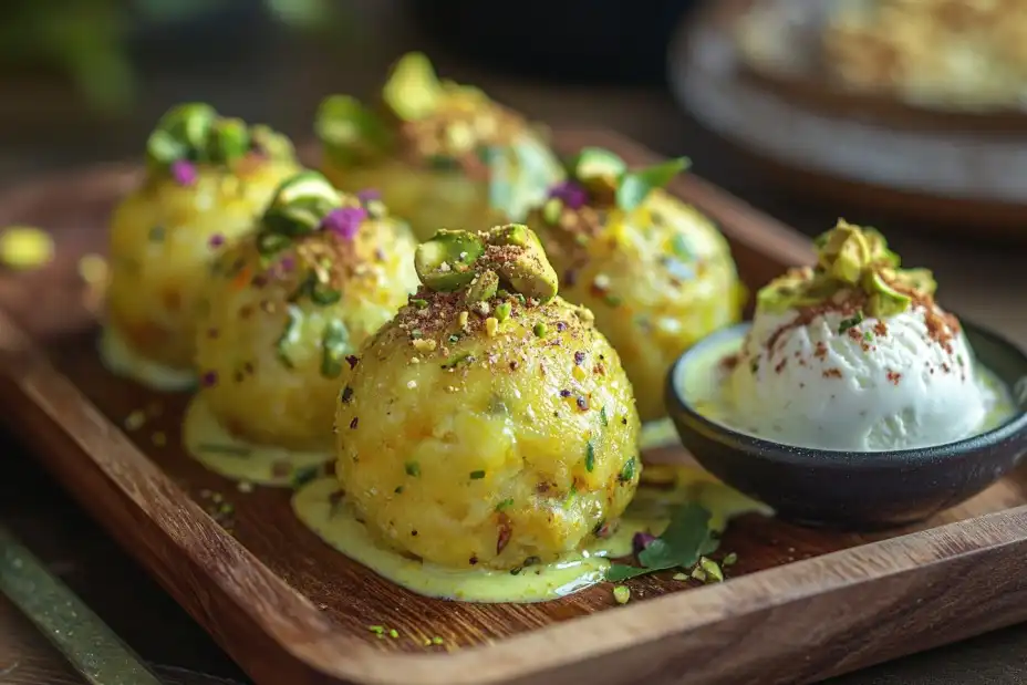 Modern parsad balls garnished with pistachios, served with vanilla ice cream for a contemporary twist.