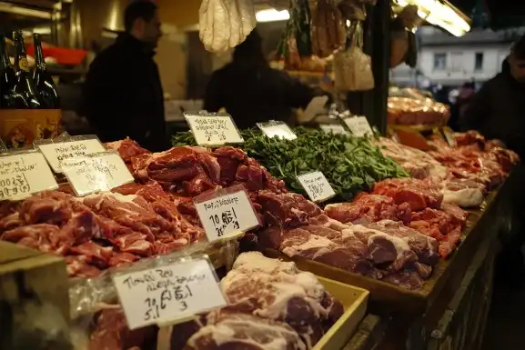 Beef fingers displayed in a butcher shop alongside other beef cuts.