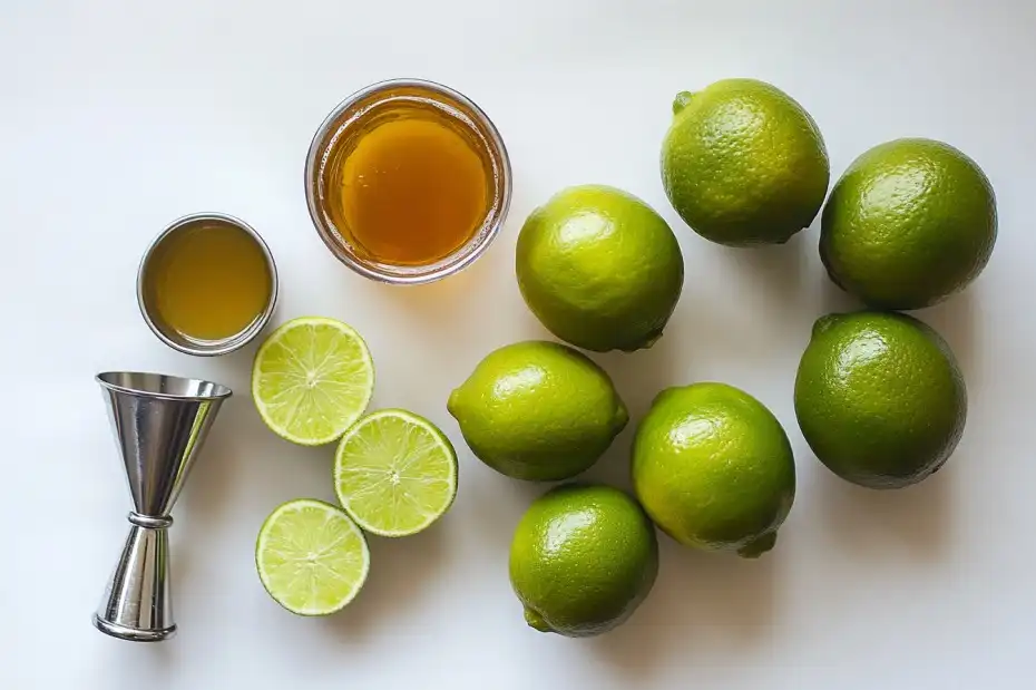 Fresh limes, tequila, agave syrup, and a jigger arranged on a bar surface.