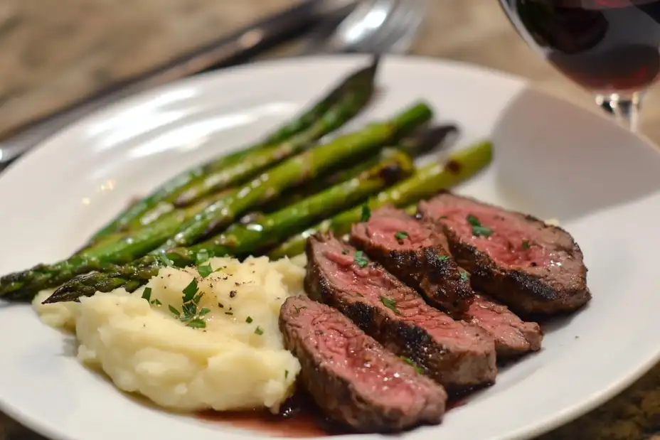 Beef fingers with mashed potatoes and grilled asparagus.