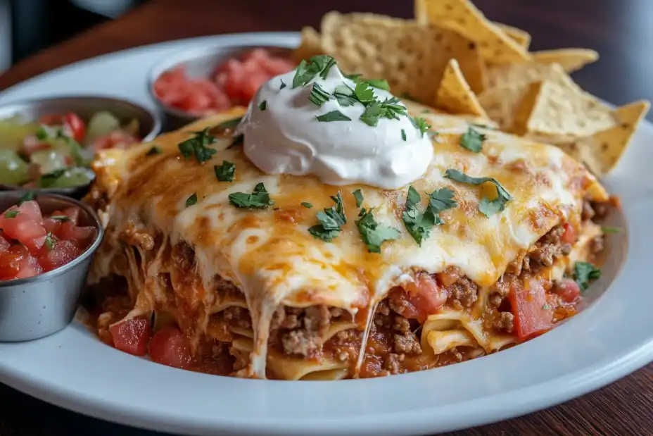 A plated serving of taco lasagna with sour cream and cilantro garnish.