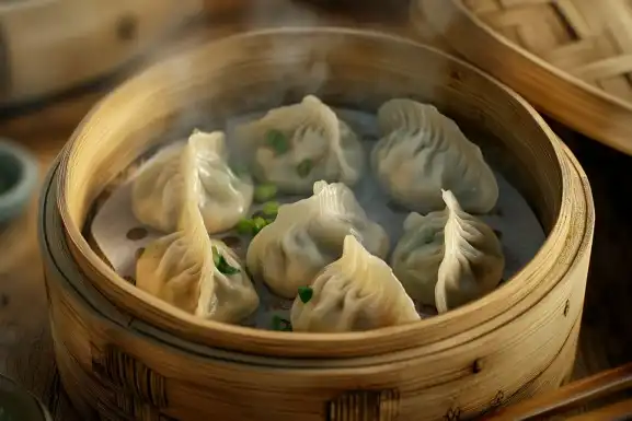 Close-up of steamed dumplings in a bamboo steamer.