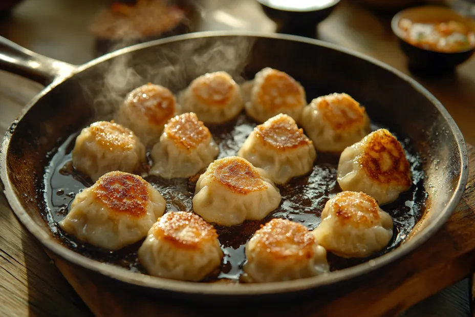 Crispy fried dumplings sizzling in a skillet.