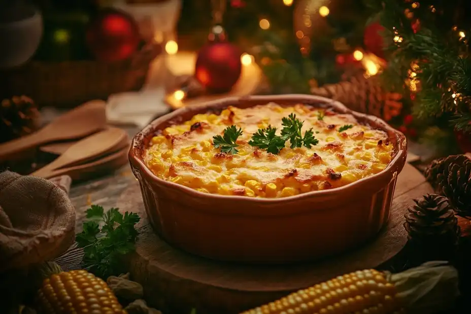 Golden baked corn pudding in a ceramic dish on a holiday table.