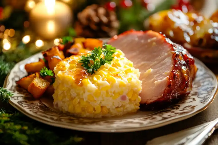 A serving of corn pudding with glazed ham and roasted vegetables.