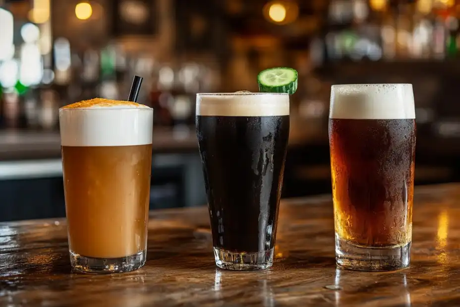 Vegas Bomb compared to Jäger Bomb and Irish Car Bomb on a wooden table.