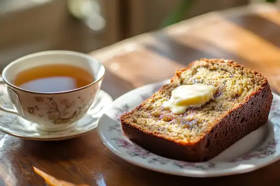 Sliced banana bread with melting butter and tea.