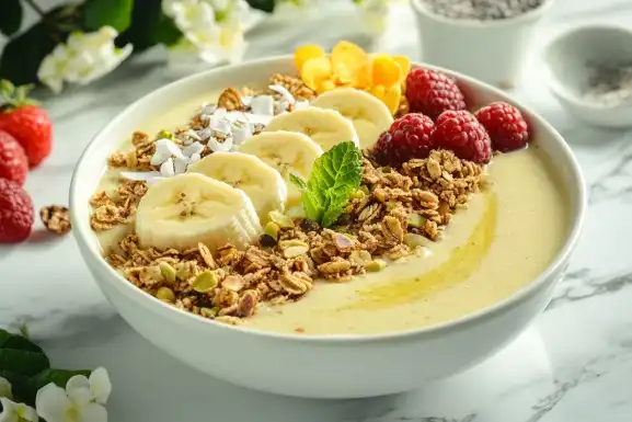 Pistachio butter smoothie bowl with fresh toppings