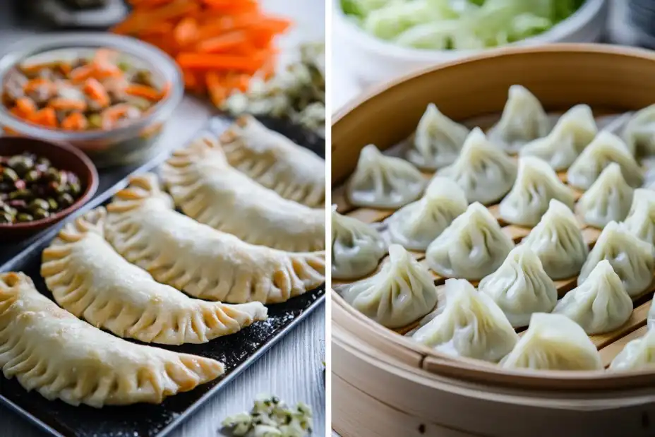 Freshly prepared empanadas on a baking tray and dumplings in a bamboo steamer.