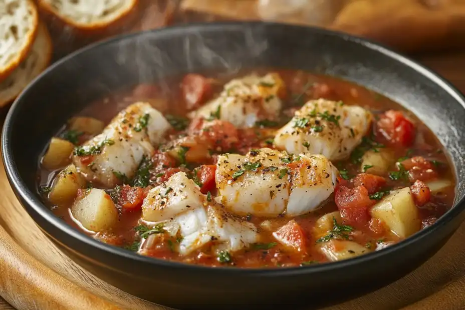 Spanish-style saltfish stew with tomatoes and potatoes.