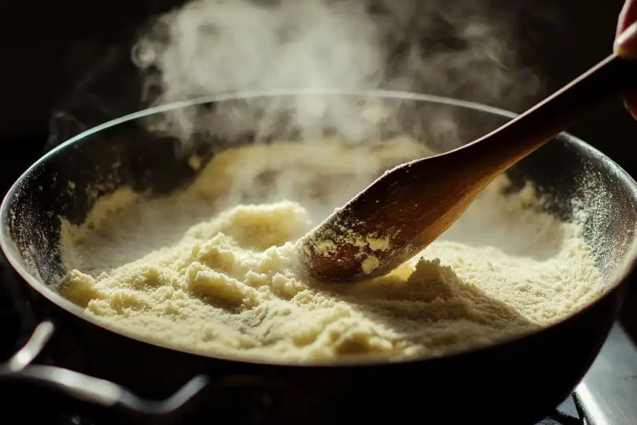 Parching flour in ghee while preparing Parsad.