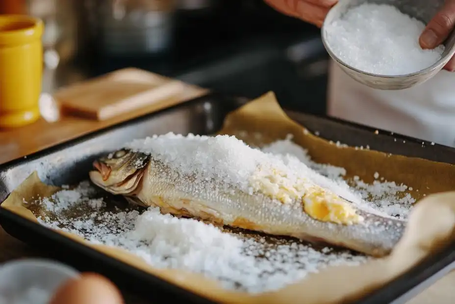 Step-by-step preparation of a salt crust for baking fish.