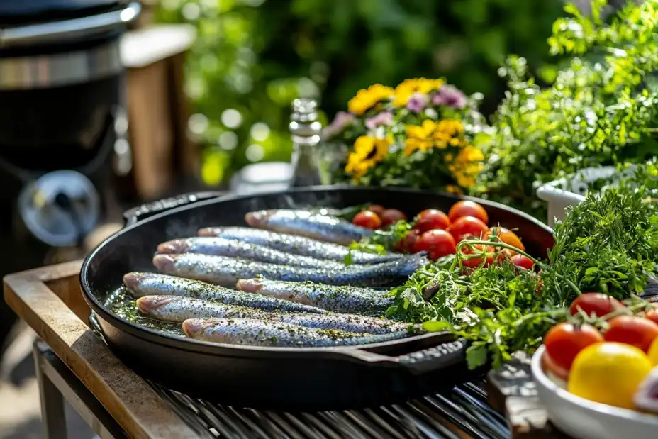 A fresh herring fish with shimmering silver scales, laid out on a wooden table with parsley and lemon slices.