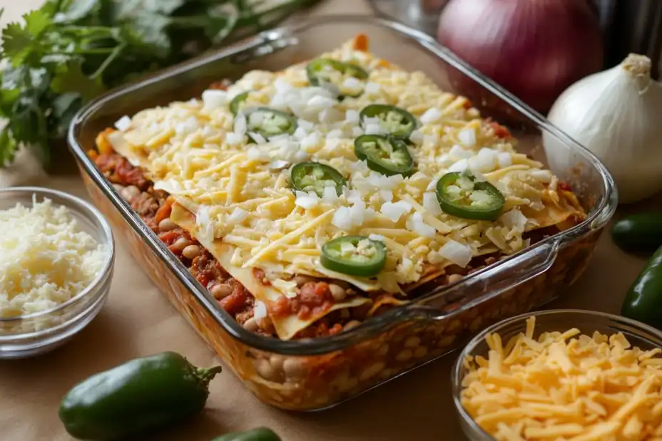 Step-by-step layering of Mexican lasagna ingredients.