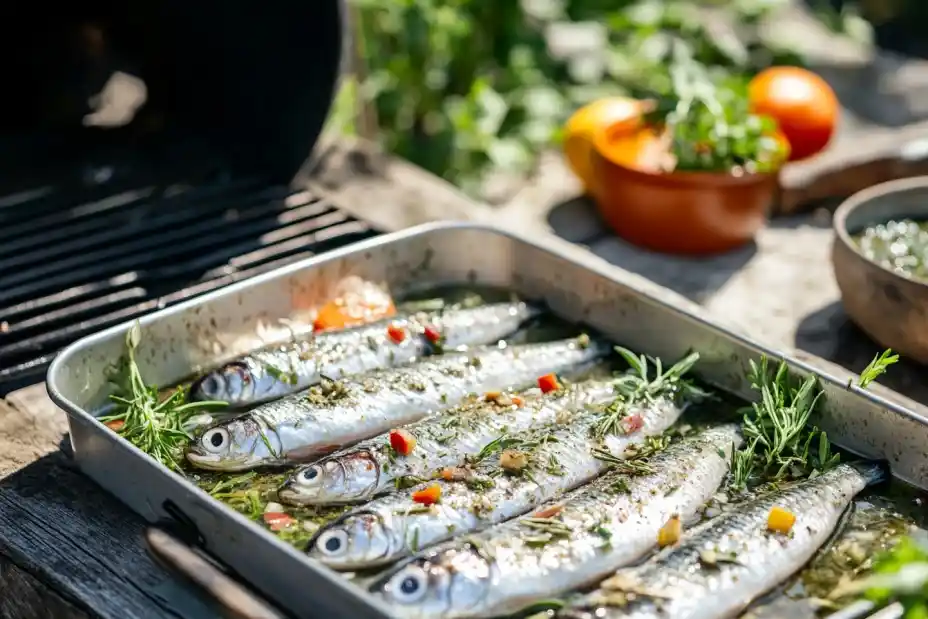 Fresh herring, brine with herbs, and a grill setup for home smoking.