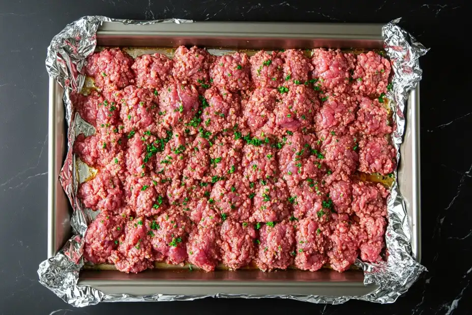 Preparing ground beef for oven-browning with foil and seasonings.