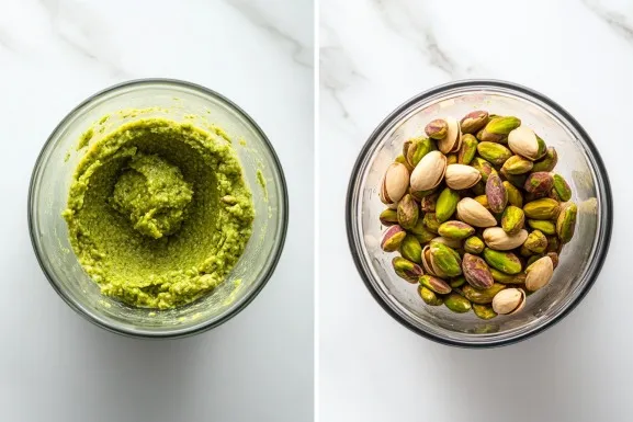 Blending pistachios into creamy pistachio butter.