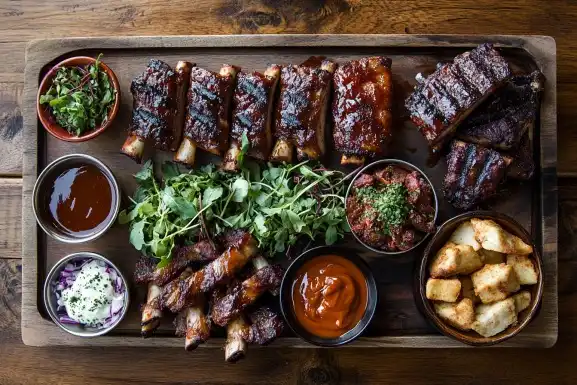 Platter of beef finger ribs and back ribs with garnish and dipping sauces.