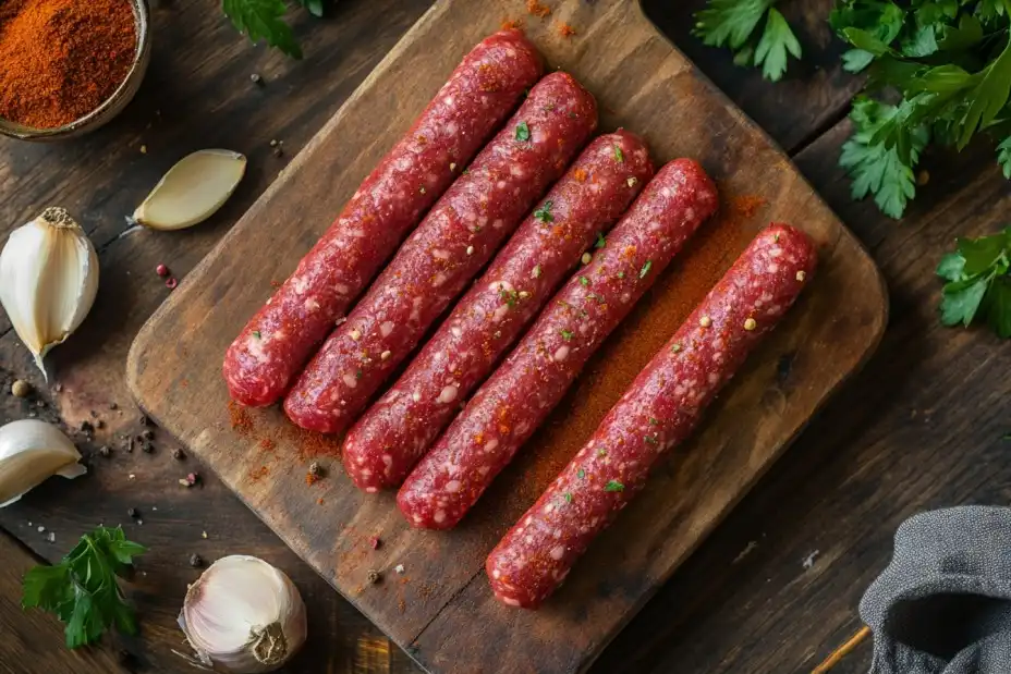 Raw Meat Fingers with Seasoning on a Cutting Board