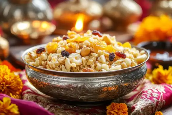 A traditional bowl of parsad garnished with nuts and raisins, placed on a festive table with Diwali decorations.