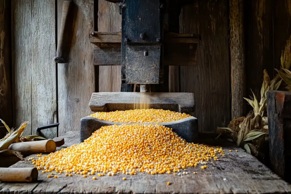 Traditional stone mill grinding corn kernels into cornmeal with corn cobs and tools.