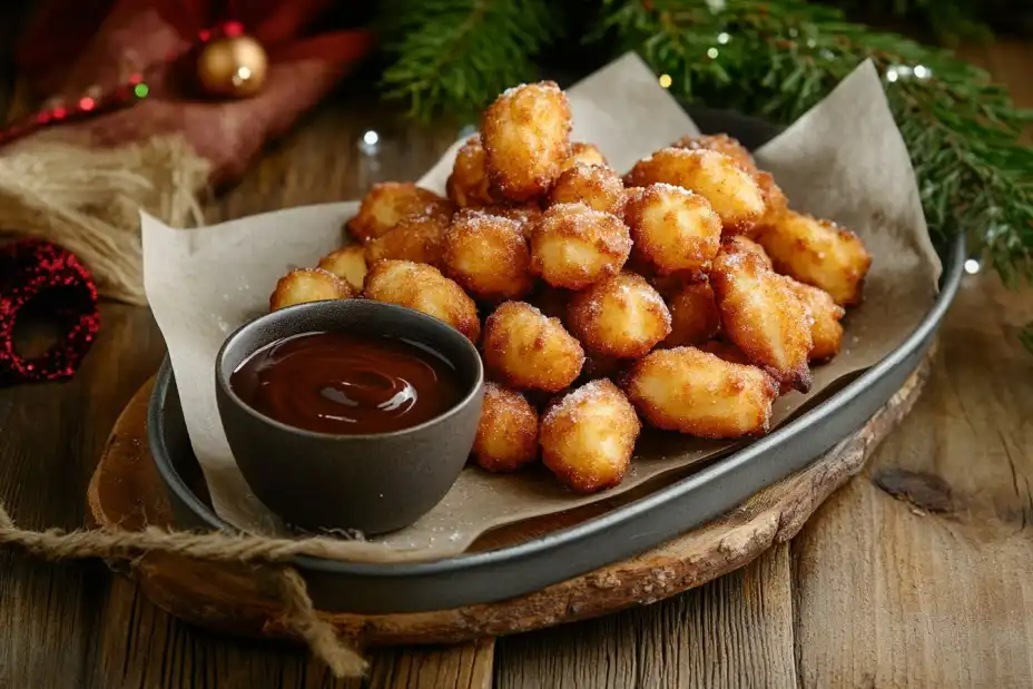 Churros with chocolate sauce on a rustic table.