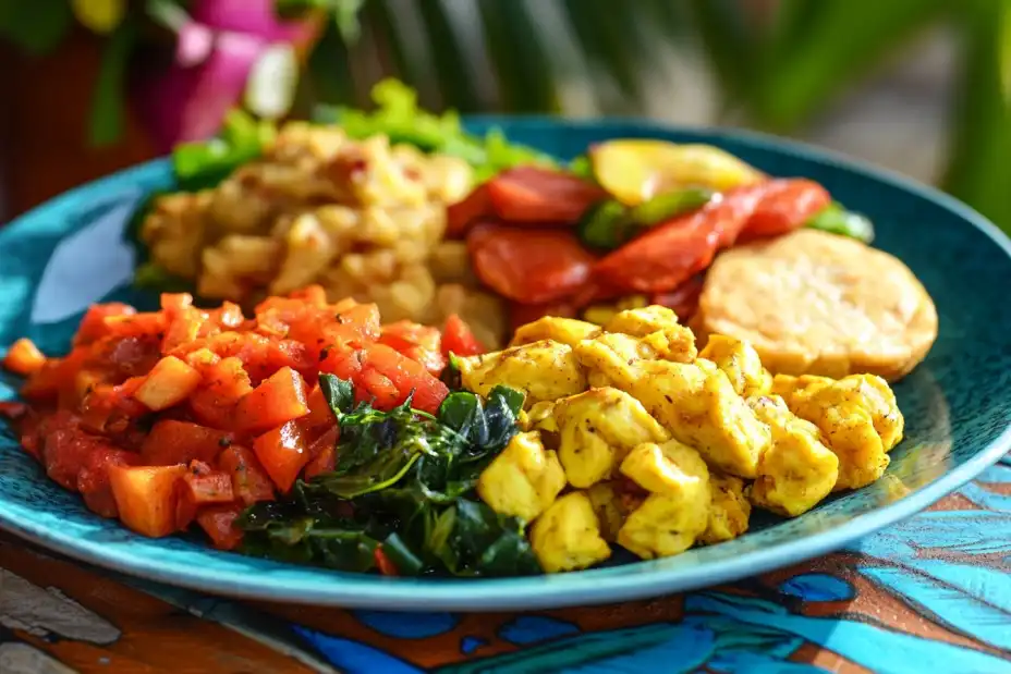 Caribbean ackee and saltfish dish with plantains and callaloo.