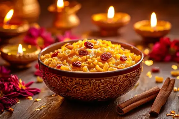 Traditional Parsad served in a festive Diwali setting.