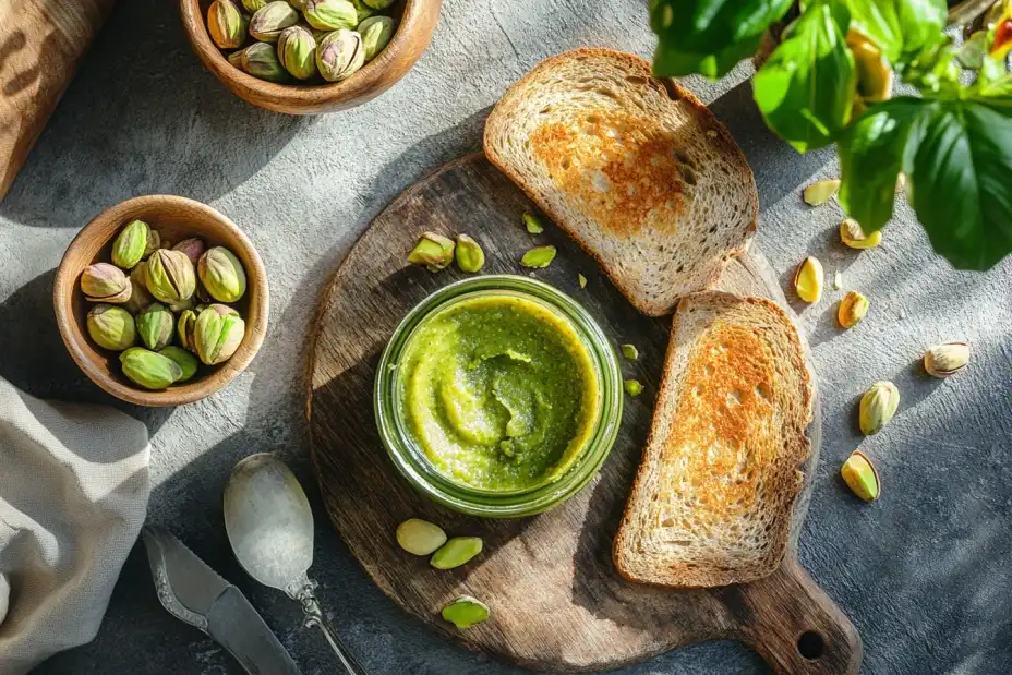 Jar of pistachio butter with toast and fresh pistachios