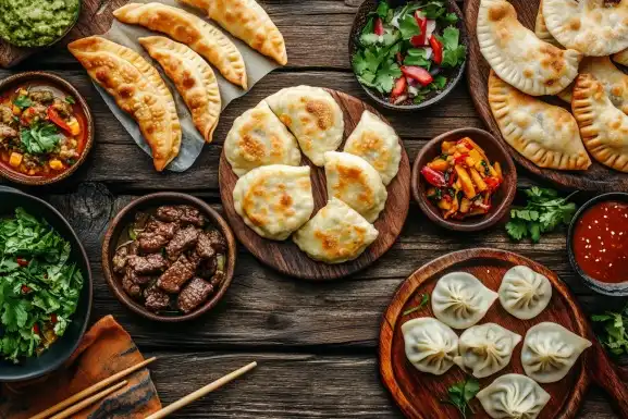 Freshly made empanadas and dumplings with dipping sauces on a rustic table.