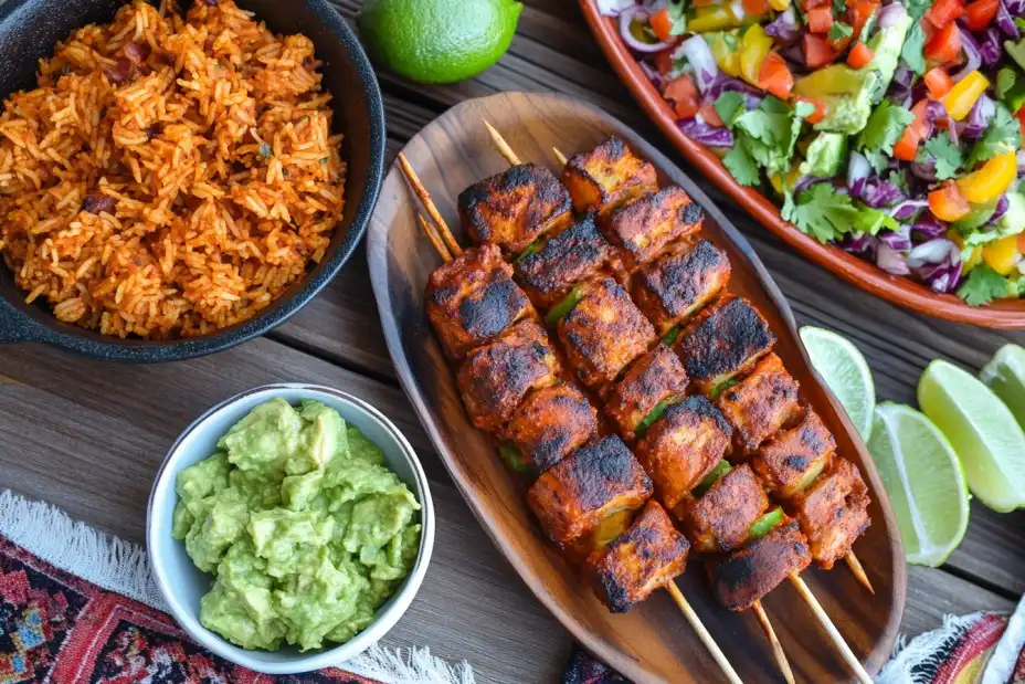 Mexican lasagna with guacamole, rice, and salad.