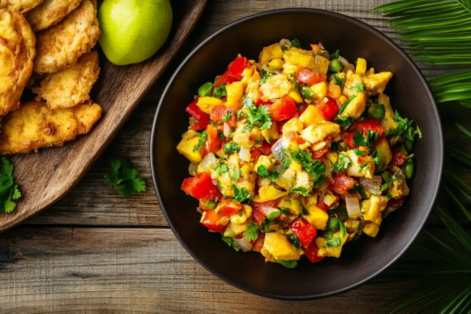 Ackee and saltfish with fried bakes on a wooden table