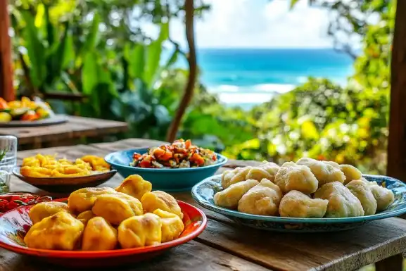 Traditional Caribbean dumplings served with ackee and saltfish on a wooden table with a tropical background.