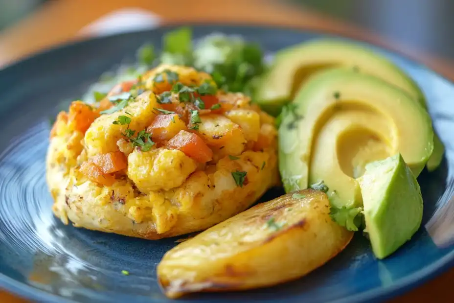 A vibrant plate of bake and saltfish with colorful garnishes.