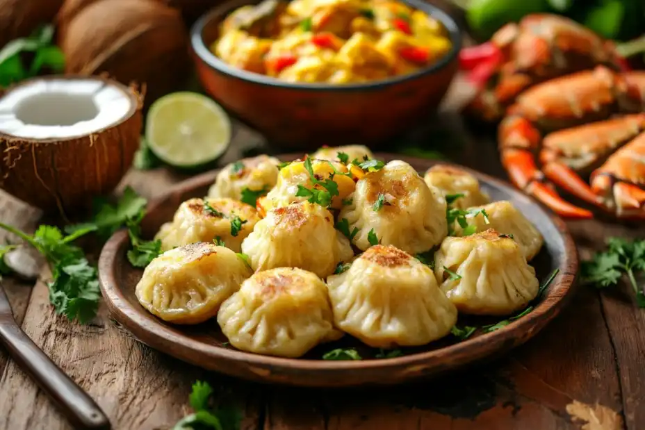 A vibrant plate of Trinidad dumplings served with curry crab.