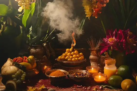 Guyanese Parsad presented in a Hindu pooja setting with ceremonial items.