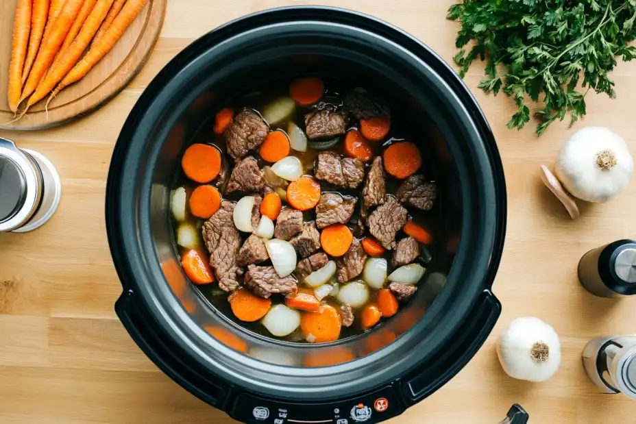 Beef fingers cooking in a slow cooker with vegetables.