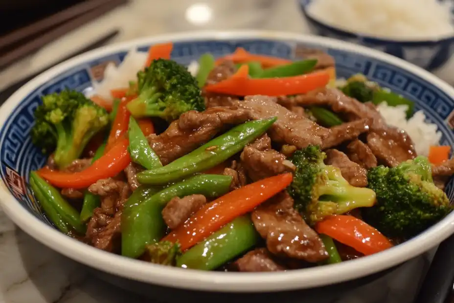 Flank steak stir-fry with vegetables and soy sauce.