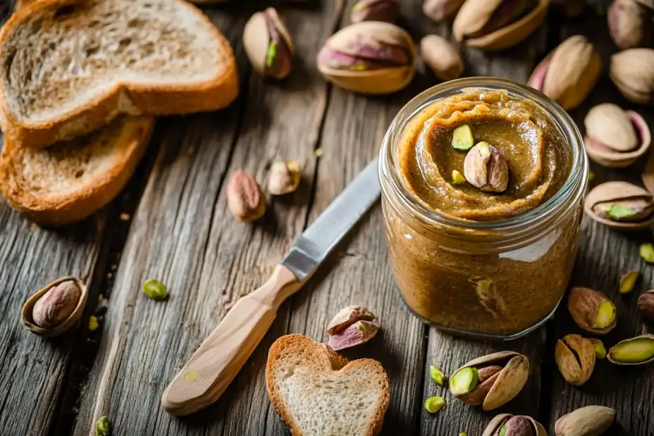 Jar of pistachio butter surrounded by pistachios and toast.