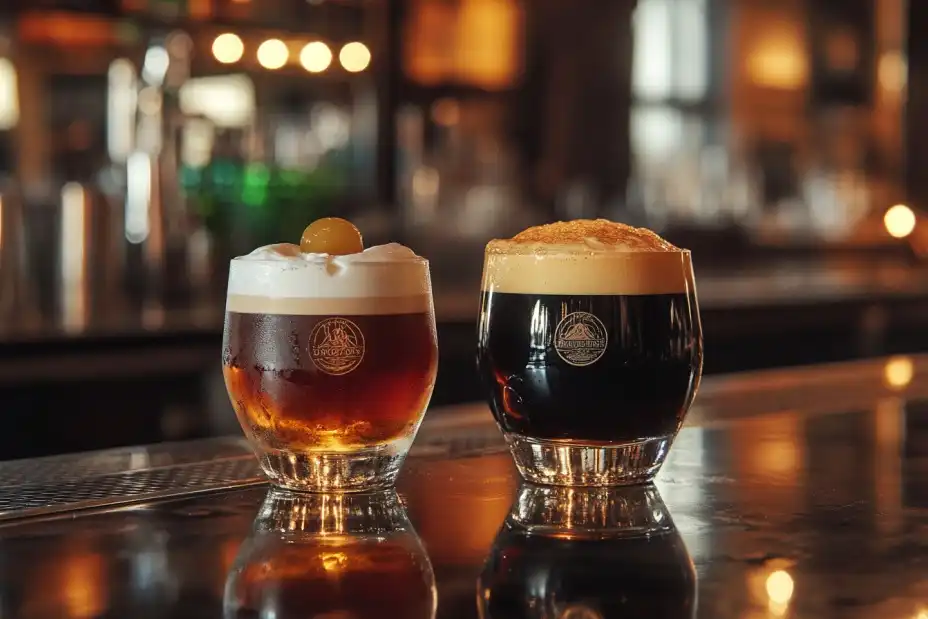 Jägerbomb and Irish Car Bomb cocktails on a modern bar counter.