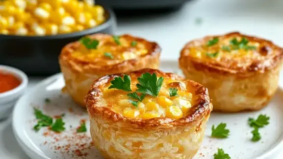 Air-fried mini corn pie with a golden crust garnished with parsley.