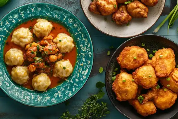 Trinidadian and Jamaican dumplings with curry crab and jerk chicken.