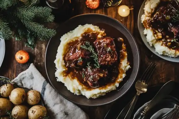 Braised short ribs with sauce and mashed potatoes.