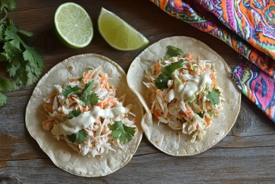 Saltfish tacos with slaw and lime wedges on a wooden table.