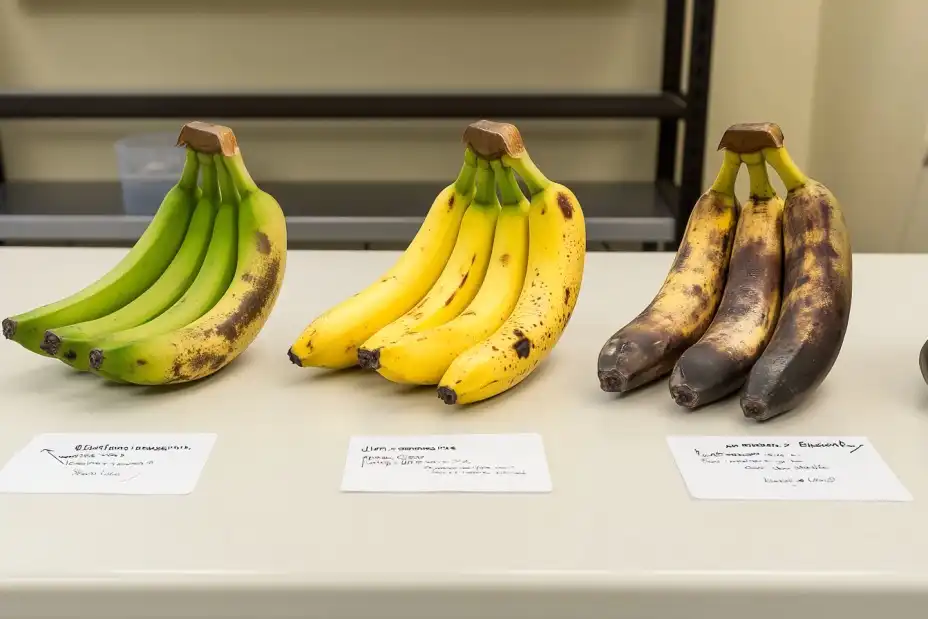 Bananas at different ripeness stages on a white countertop.