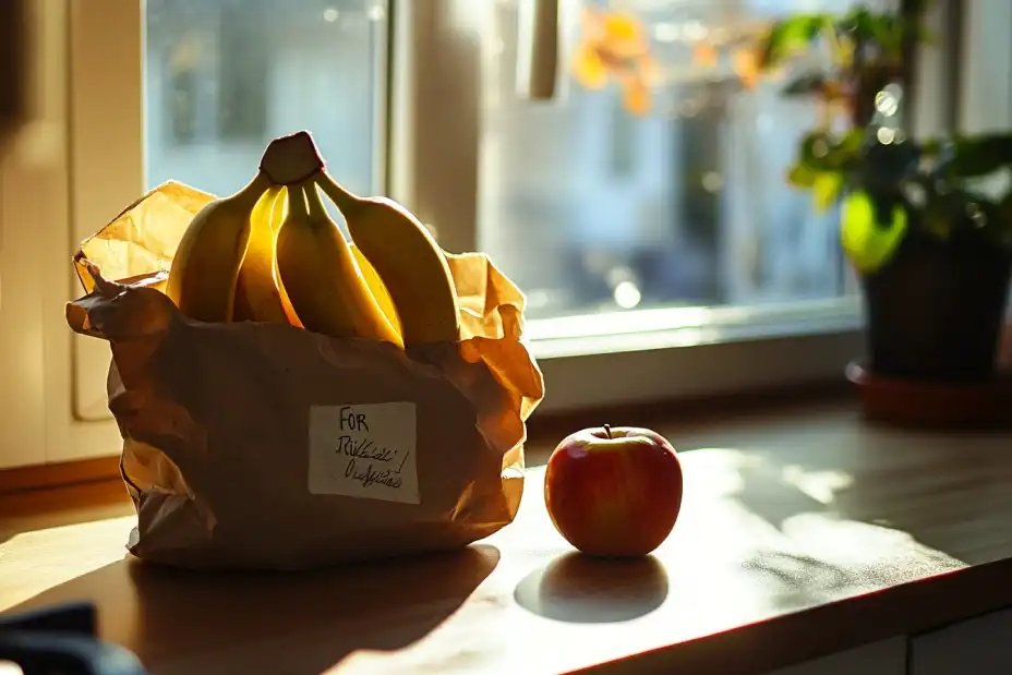 Bananas ripening in a brown paper bag with an apple nearby.