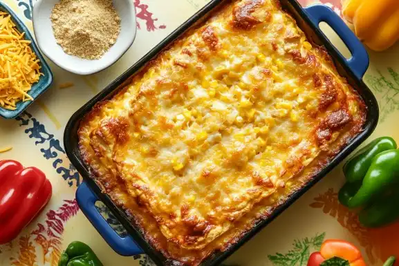 Caribbean-style corn pie topped with melted cheese in a rectangular pan.