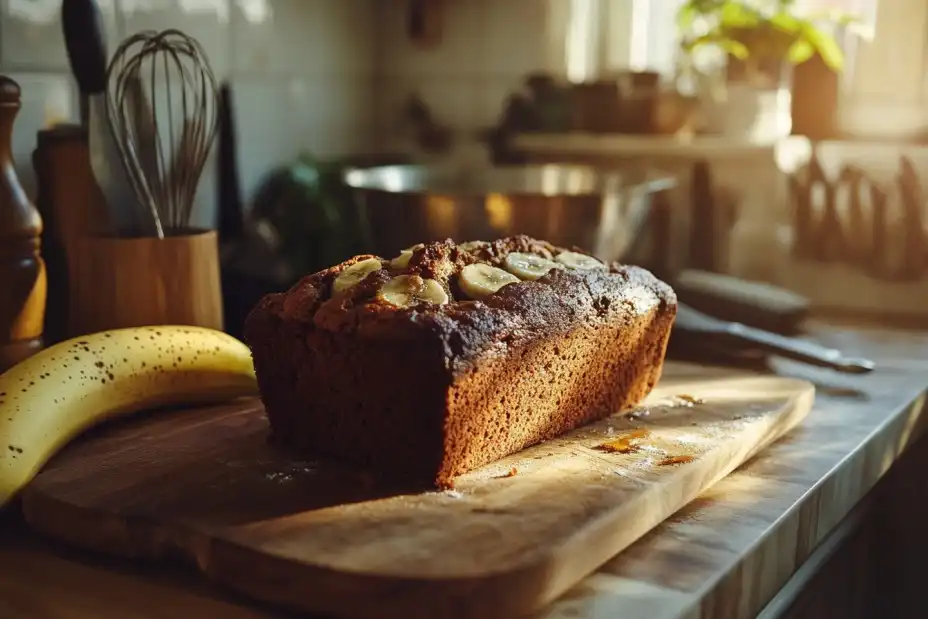 Banana bread with ripe bananas and baking tools on a wooden board.