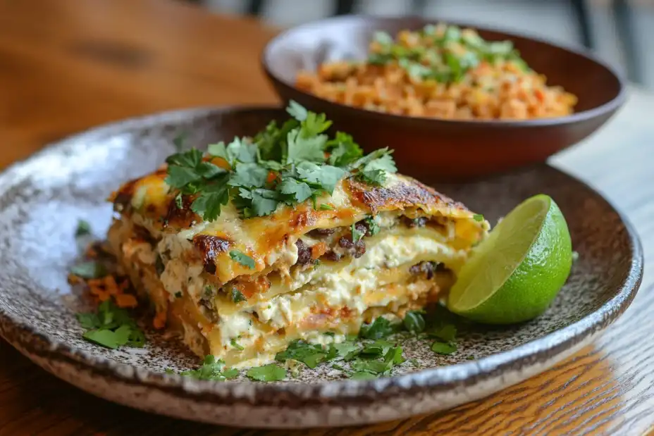 Plated taco lasagna with Mexican rice and beans.