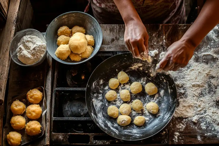 Close-up of the process of making fry bakes for bake and saltfish.